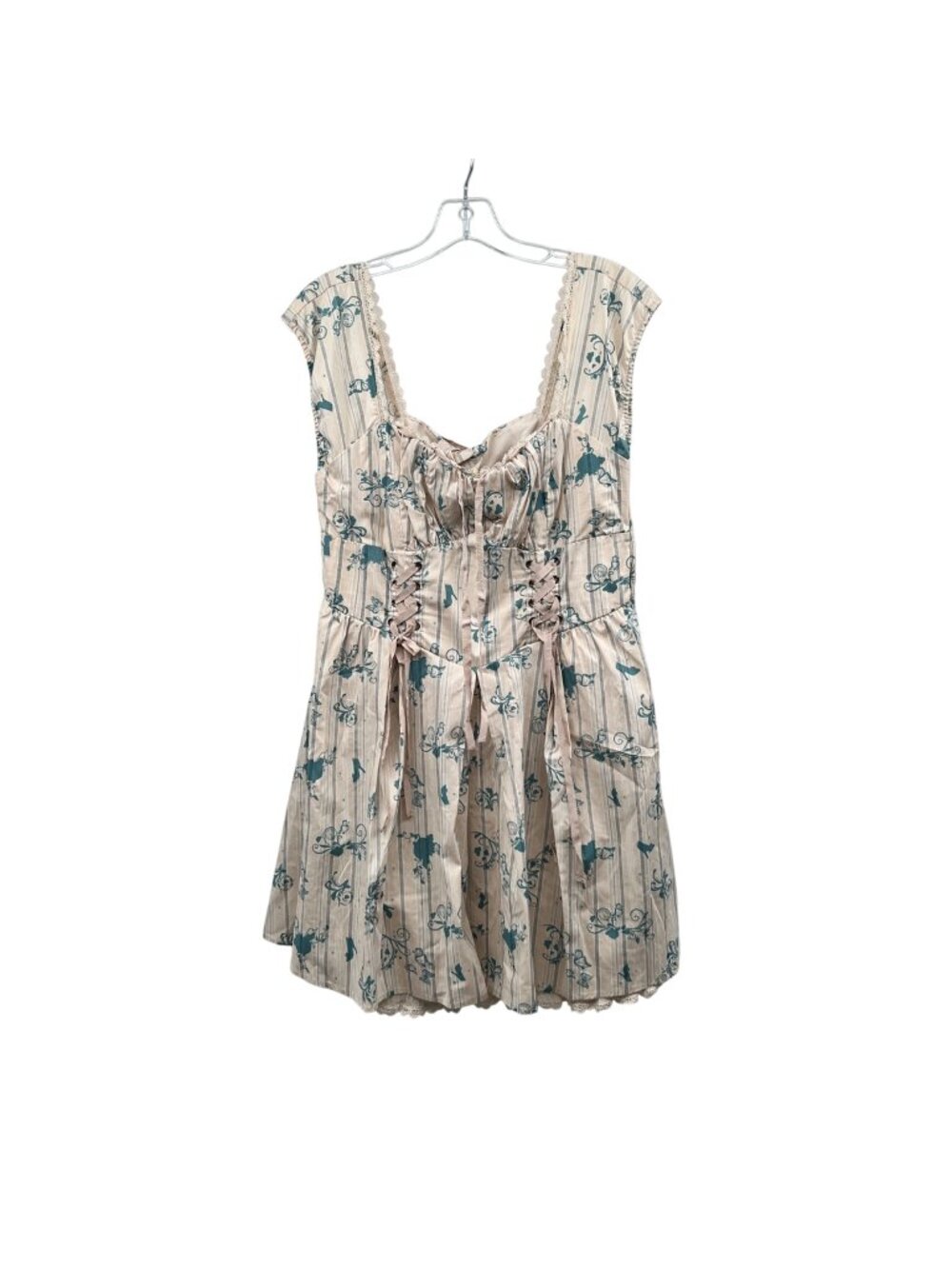 Disney Cinderella Floral Ruffle Dress Cream/Teal Off Shoulder Laces Large New